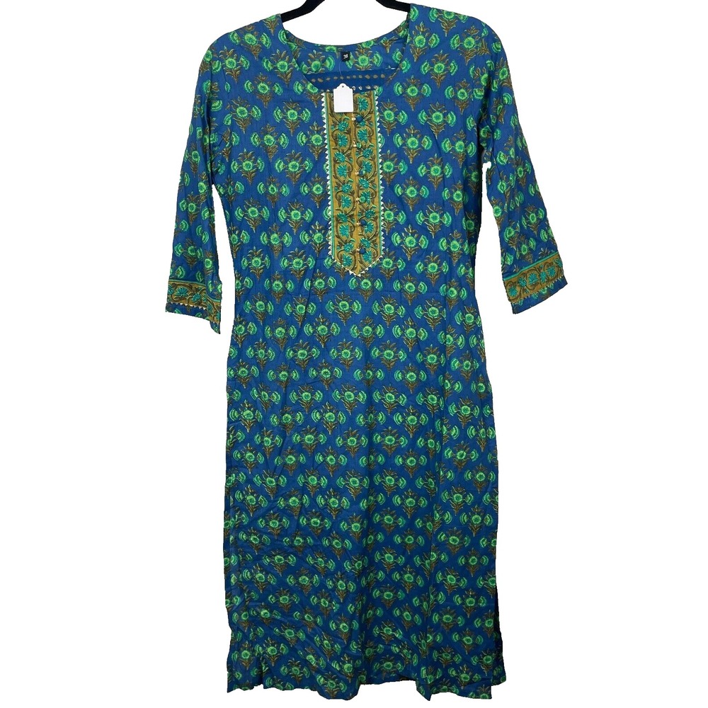 Womens Size 38 Pakistani Indian 3 Piece Salwar Kameez Outfit Blue Green Floral